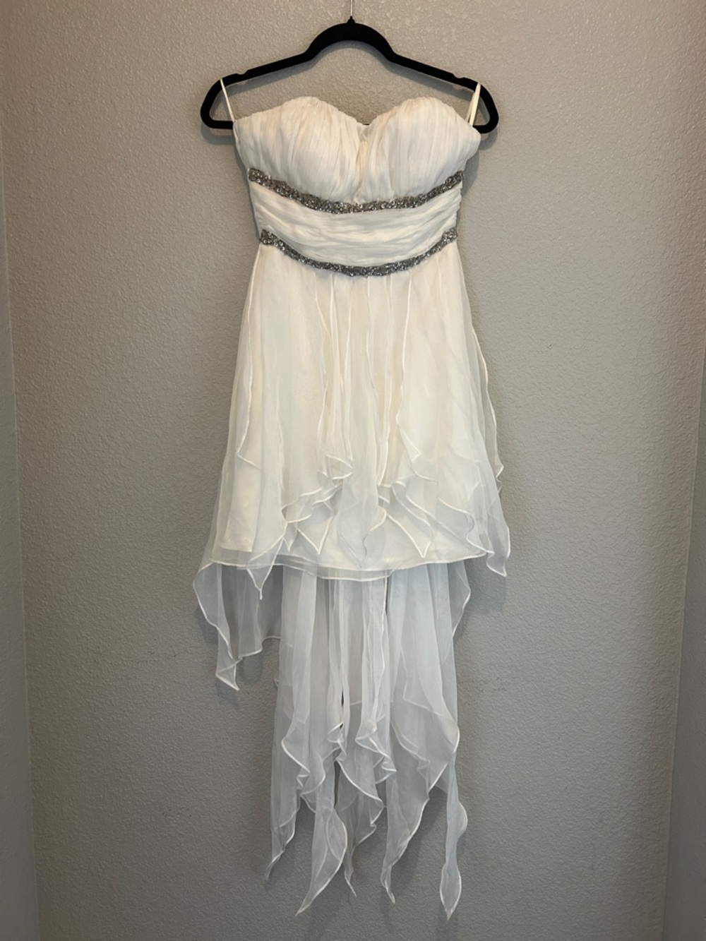 Strapless White High-Low Chiffon Dress with Beaded Waist size M